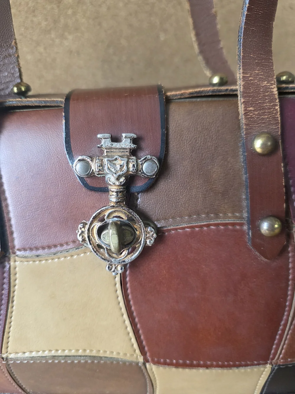 Burlington Patchwork Leather Frame Satchel  Vintage Boho Handbag
